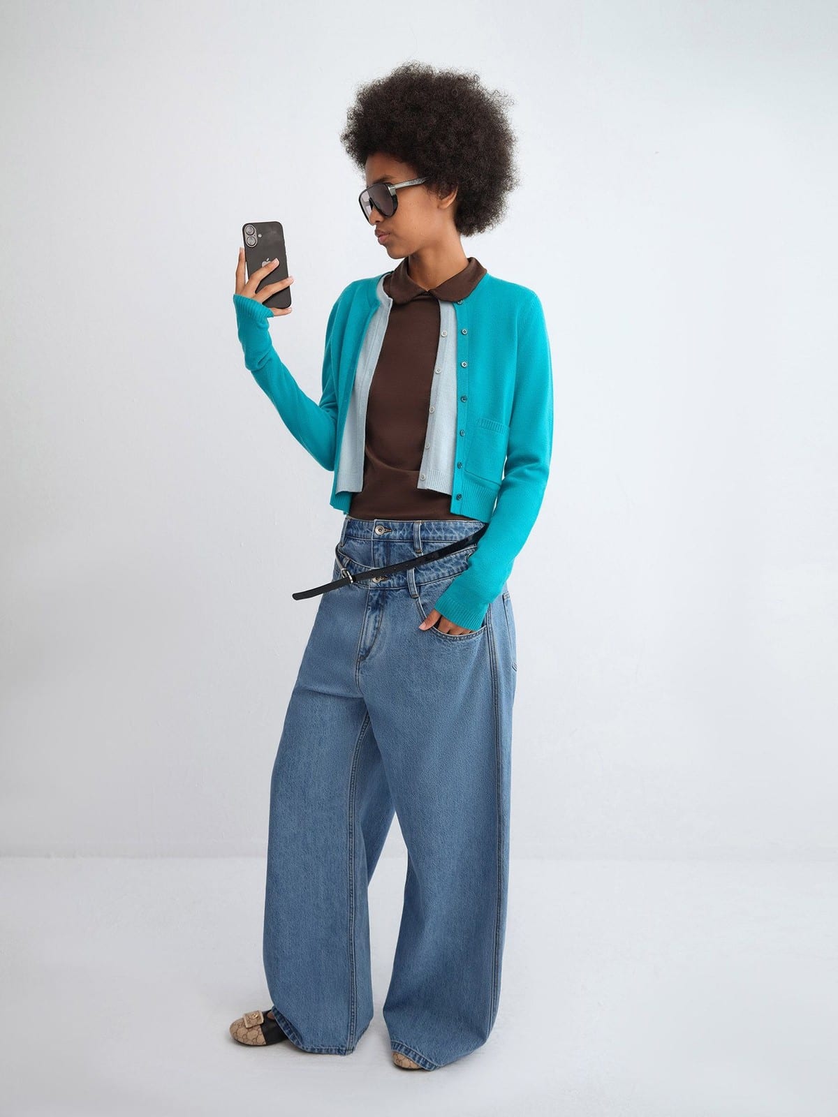 RARELY ALIKE Wool Color Block Layered Cardigan in Blue - On Female Model