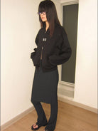 RARELY ALIKE Cinched Waist Logo Zip Up Hoodie in Black - On Female Model