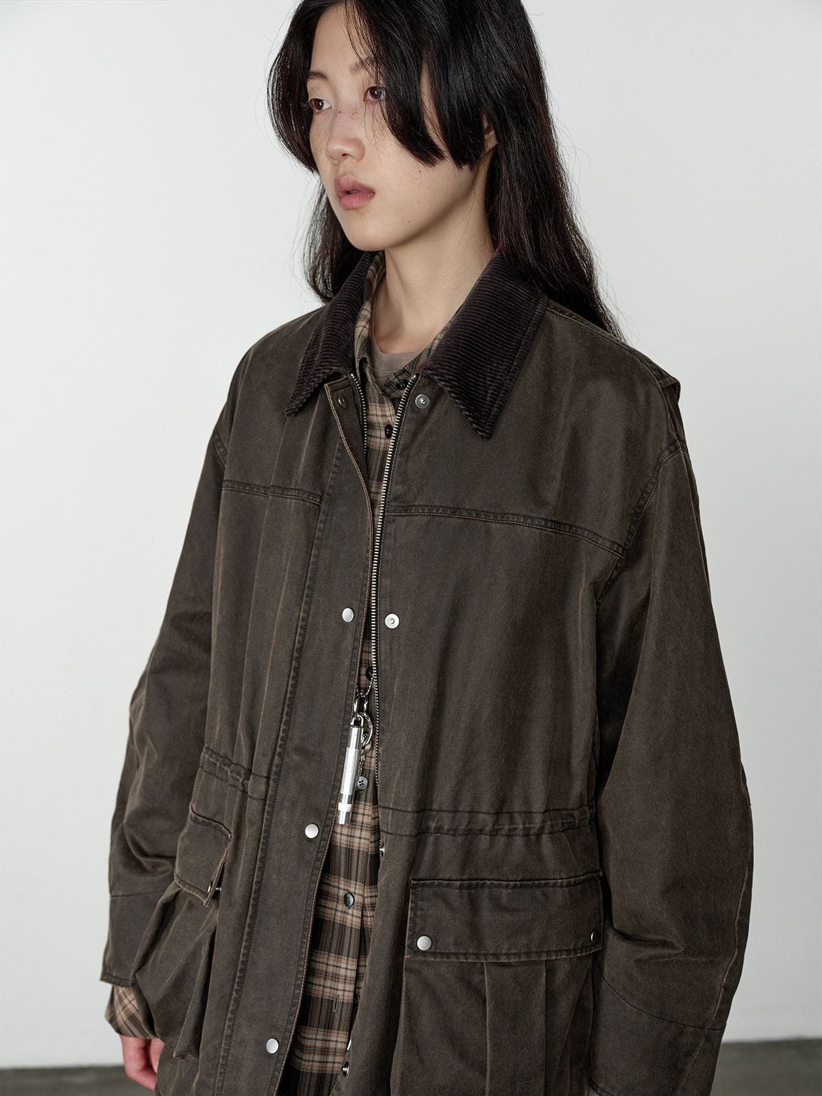 Random Piece Matte Coated Utility Jacket in Olive - On Female Model