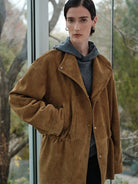 MSBEAST Drawstring Sheep Leather Jacket in Beige - On Female Model