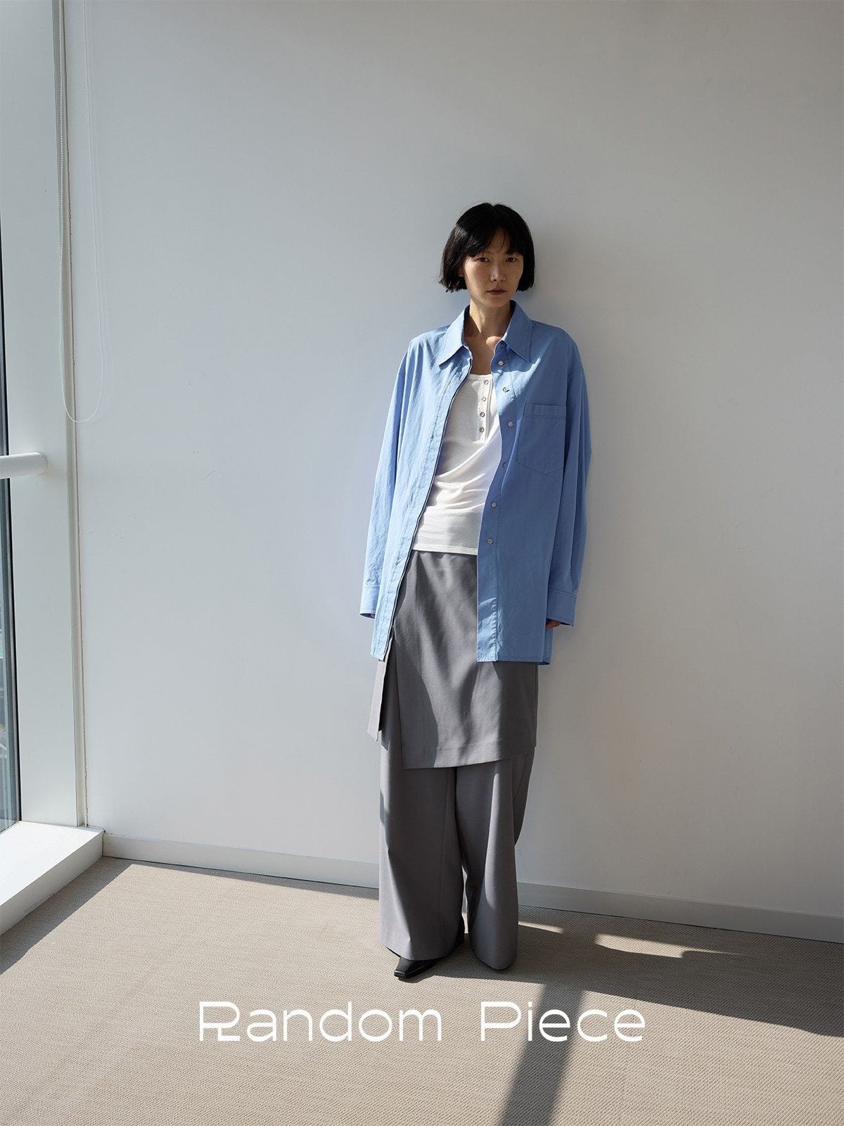 Random Piece Oversized Cotton Button Down Shirt in Sky Blue - On Female Model