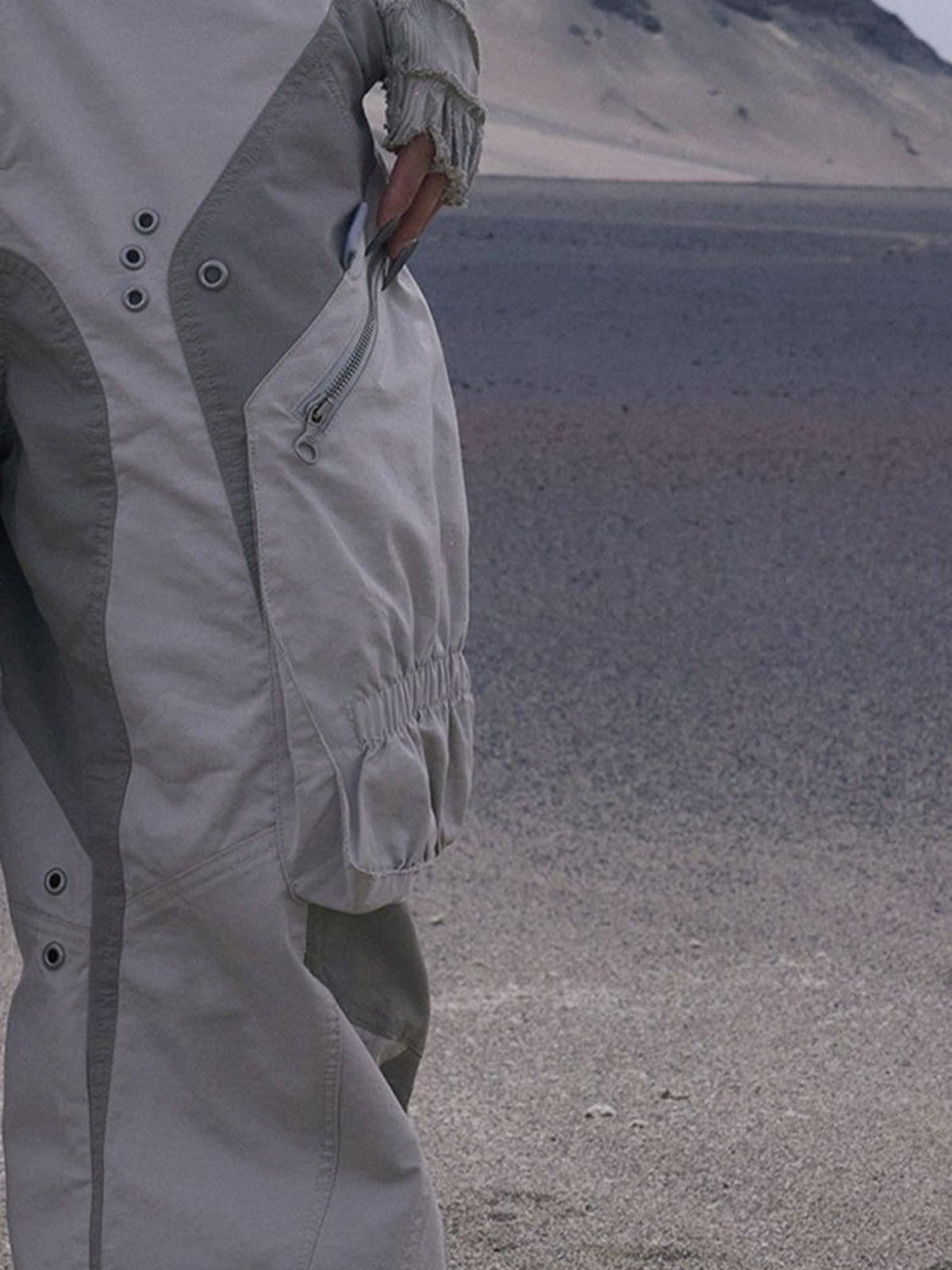 PERSONSOUL Panelled Cotton Cargo Pants in Gray - On Model