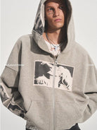 BASTARD Washed Applique Zip Up Hoodie in Gray - On Male Model