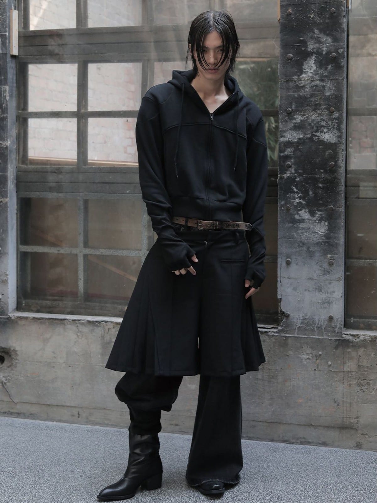 JCAESAR STUDIO Paneled Zip Up Glove Hoodie in Black - On Male Model