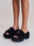 SMFK Cross Hardware Shearling High Heel Mules in Black - On Female Model
