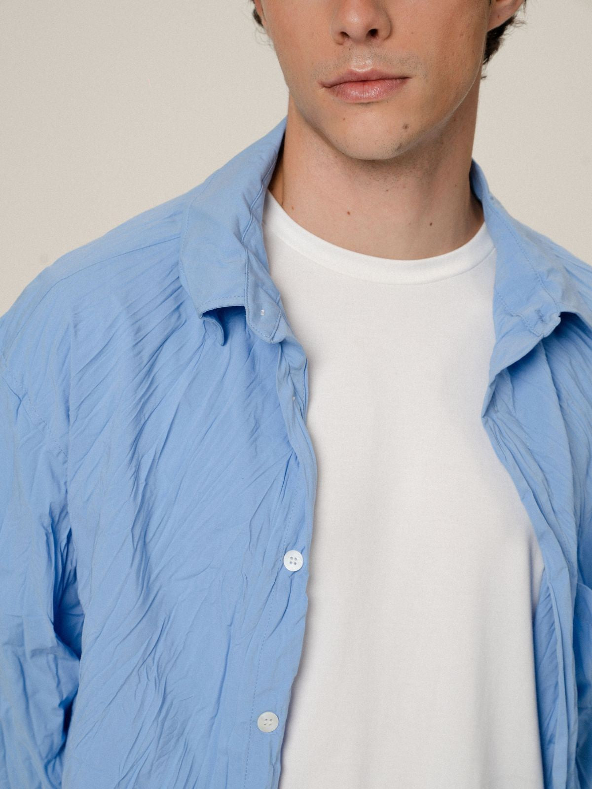 Retro 21 Pleated Bamboo Rayon Shirt in Blue - On Male Model