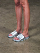 SMFK Leather Cross Detail Slide Sandals in Gray - On Female Model