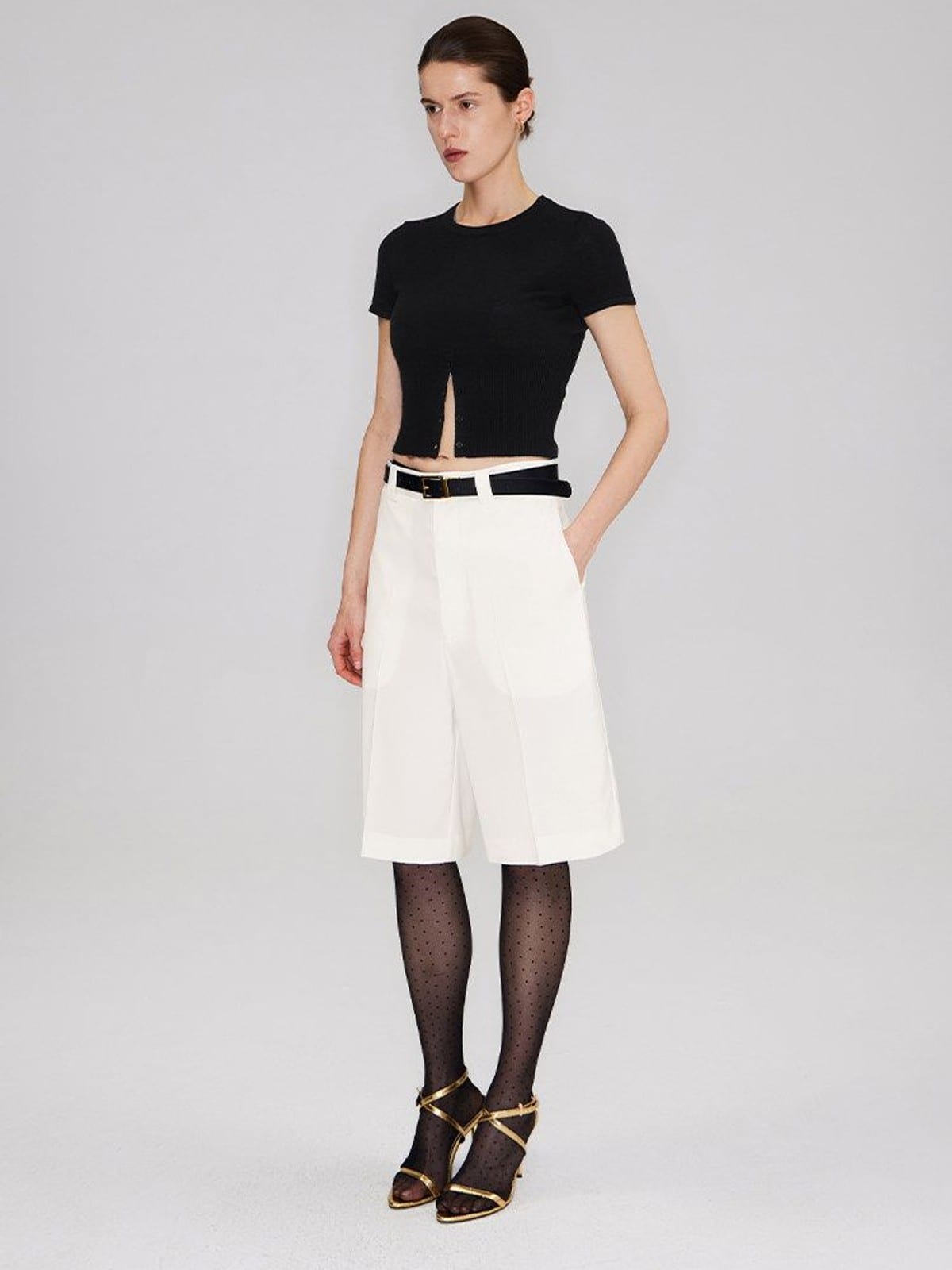 RARELY ALIKE Tailored Bermuda Shorts in White - On Female Model