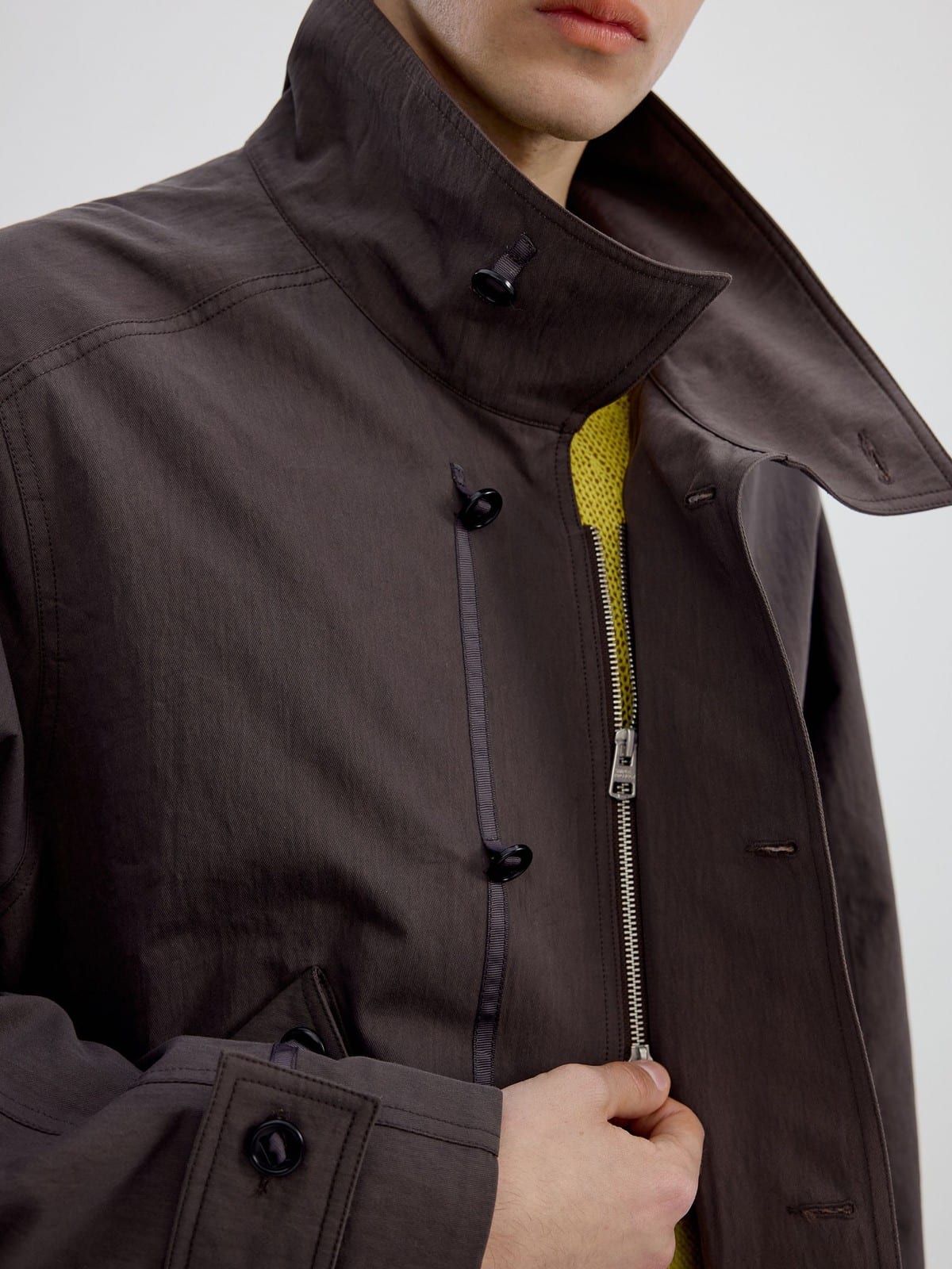 SIMPLE PROJECT Cotton Nylon High Neck Jacket in Brown - On Male Model