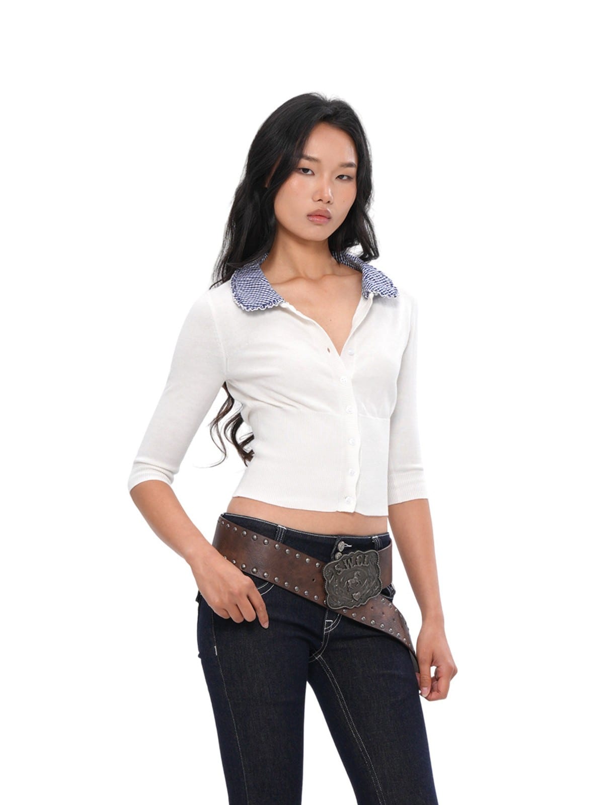 SweetChilling Gingham Collar Cropped Knit Cardigan in White - On Female Model