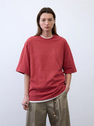 Random Piece Cotton Drop Shoulder T Shirt in Red - On Female Model