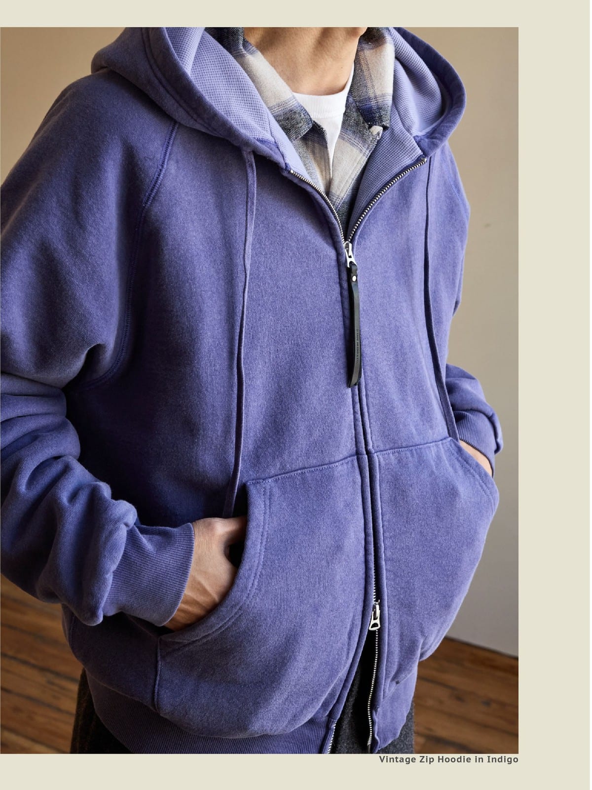 USAGE Vintage Washed Double Layer Zip Hoodie in Purple - On Male Model