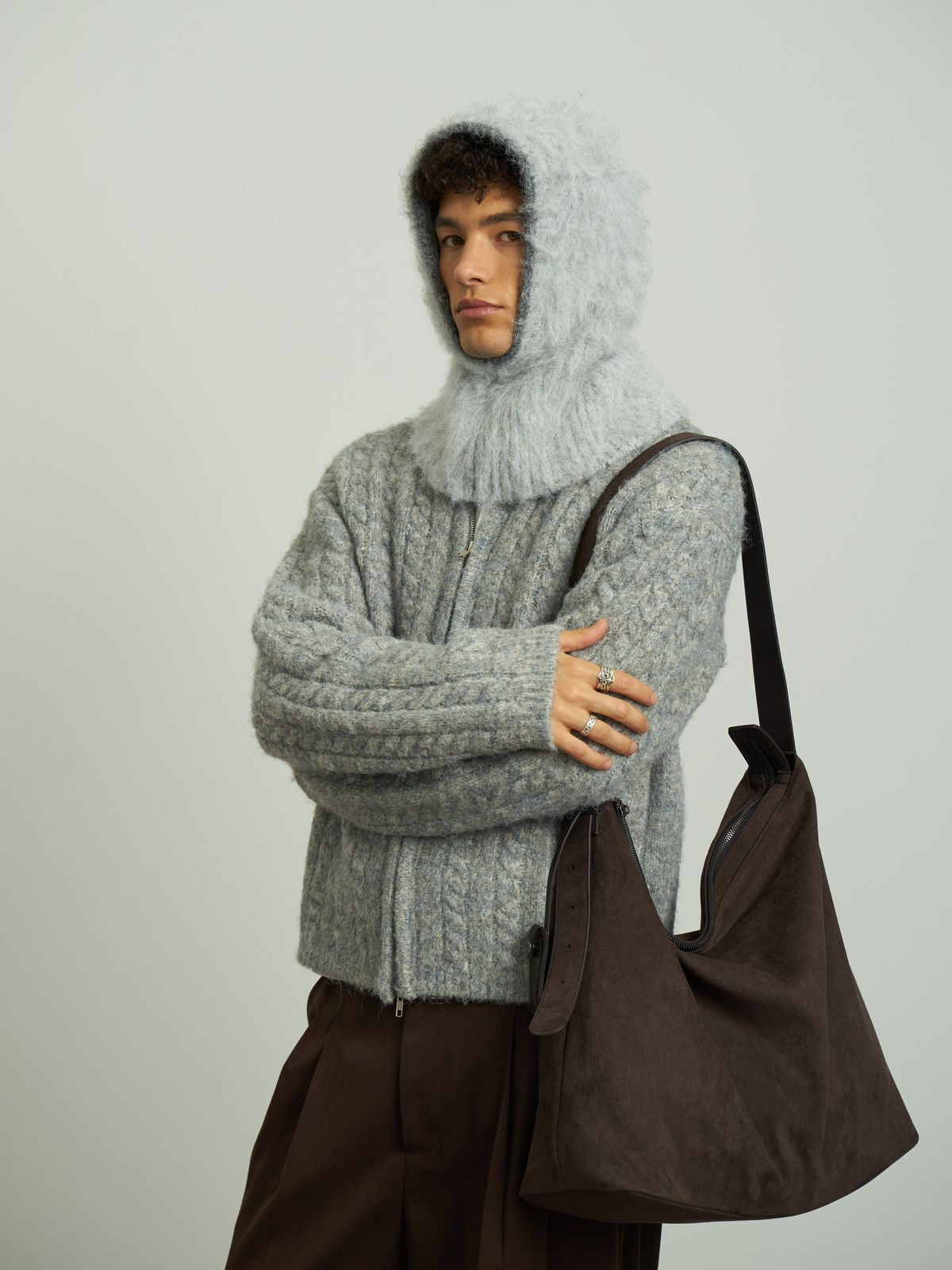 RETRO21 Double Zip Cable Knit Cardigan in Gray - On Male Model