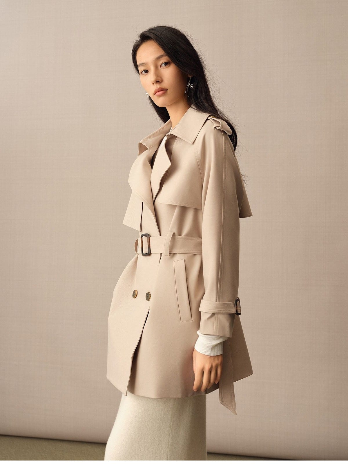 TEASEL Double Breasted Belted Trench Coat in Beige - On Female Model