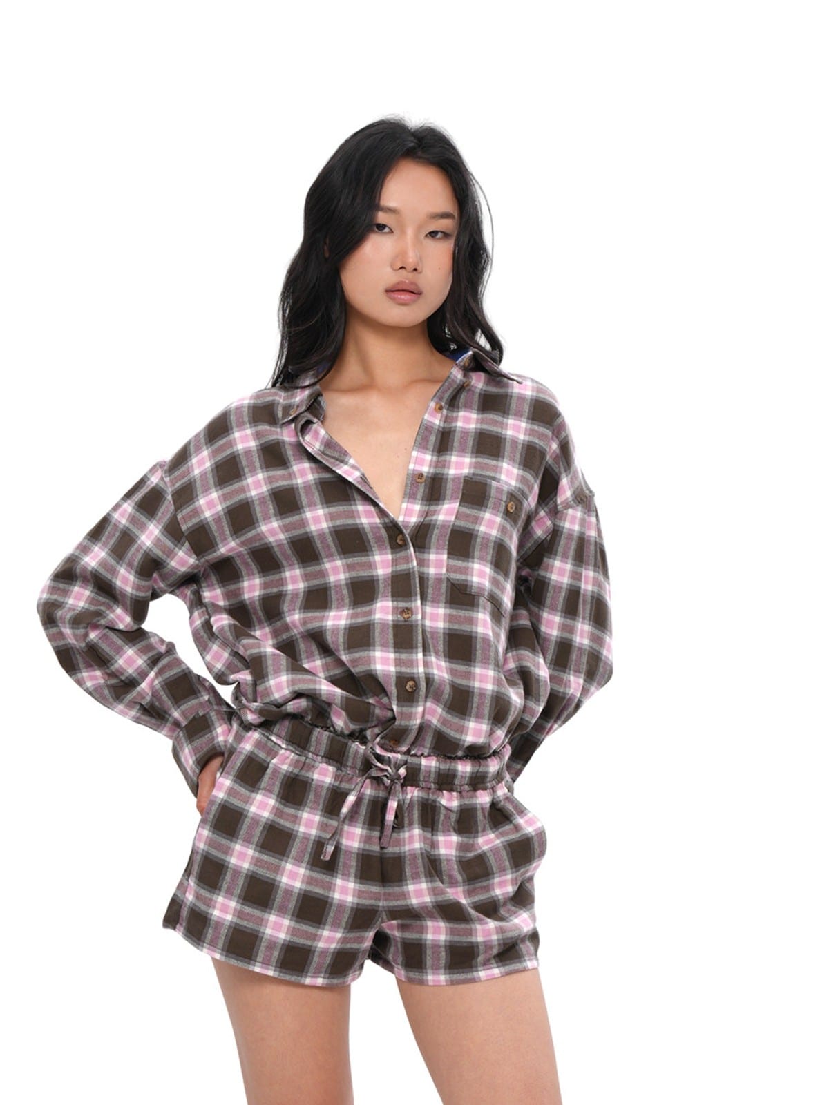 SweetChilling Relaxed Plaid Button Down Shirt in Pink - On Female Model