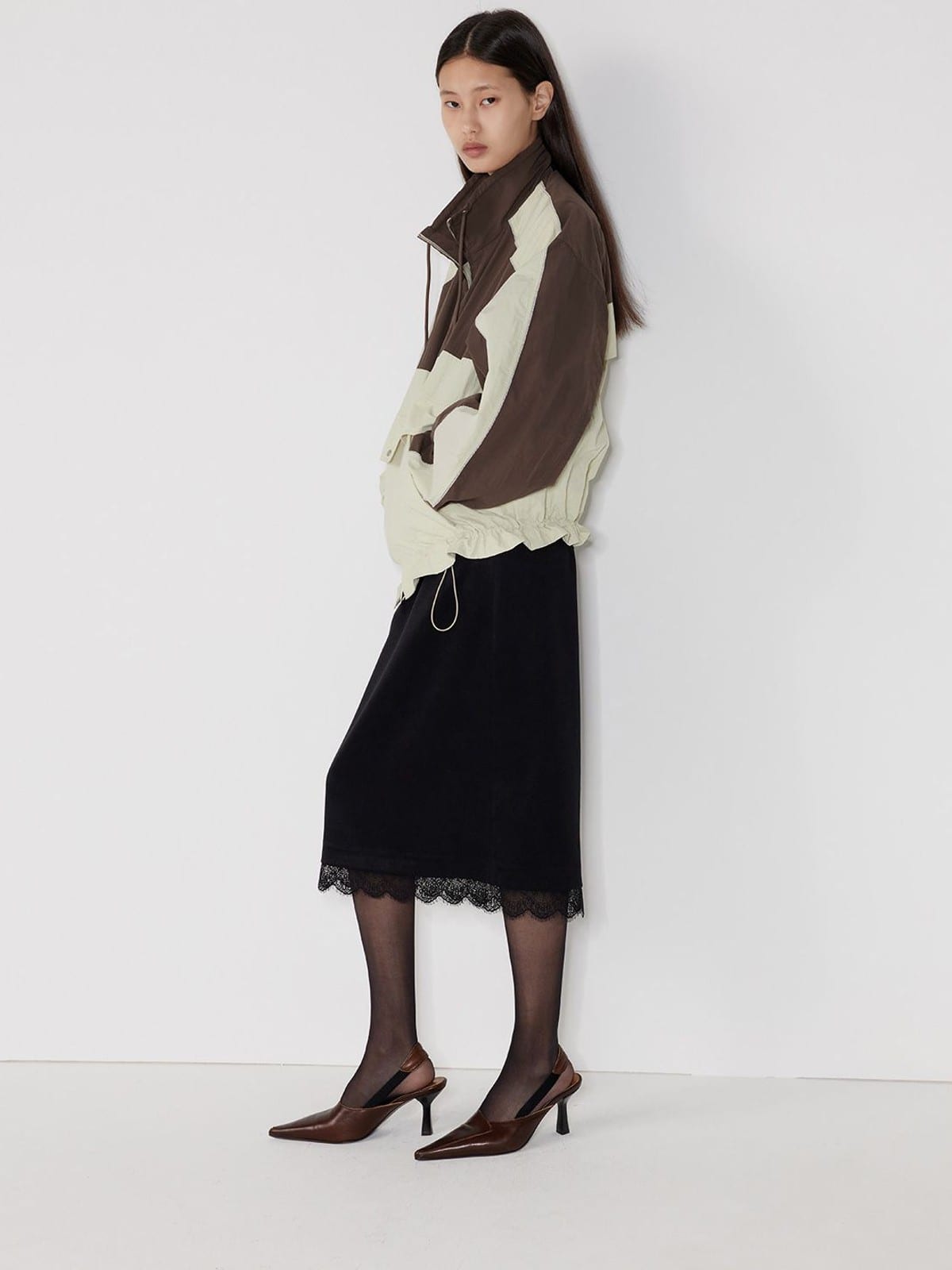 Random Piece Color Block Stand Collar Jacket in Brown - On Female Model