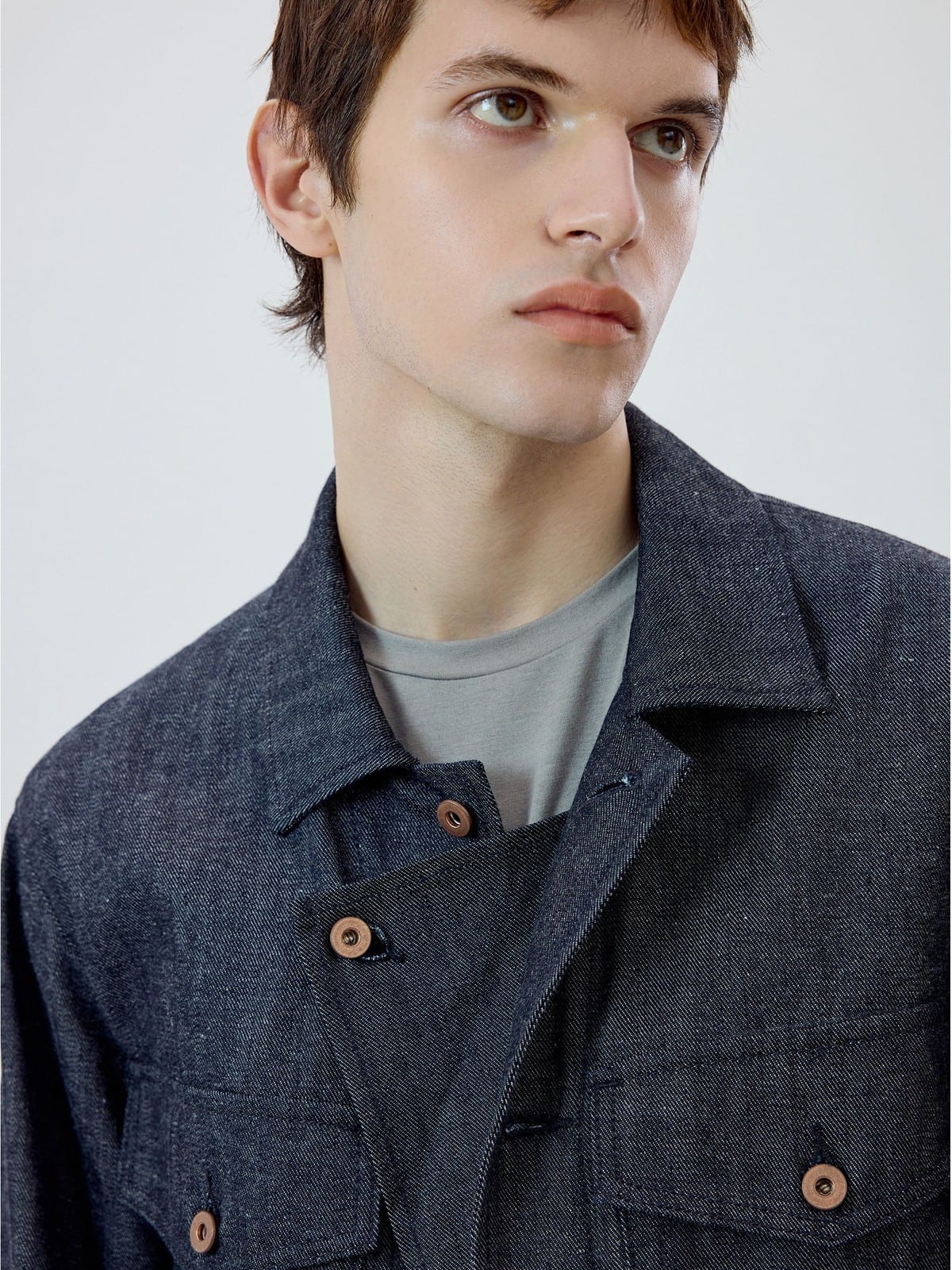 SIMPLE PROJECT Ramie Blend Raw Denim Field Jacket in Blue - On Male Model
