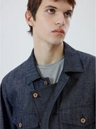 SIMPLE PROJECT Ramie Blend Raw Denim Field Jacket in Blue - On Male Model