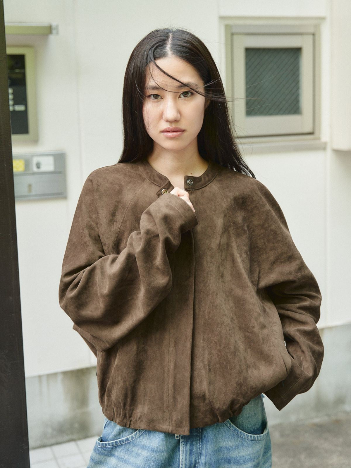 Retro 21 Faux Suede Batwing Balloon Jacket in Brown - On Female Model
