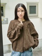 Retro 21 Faux Suede Batwing Balloon Jacket in Brown - On Female Model