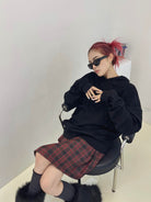 TRIANGLE PROJECT Pleated Patchwork Hoodie in Black - On Female Model