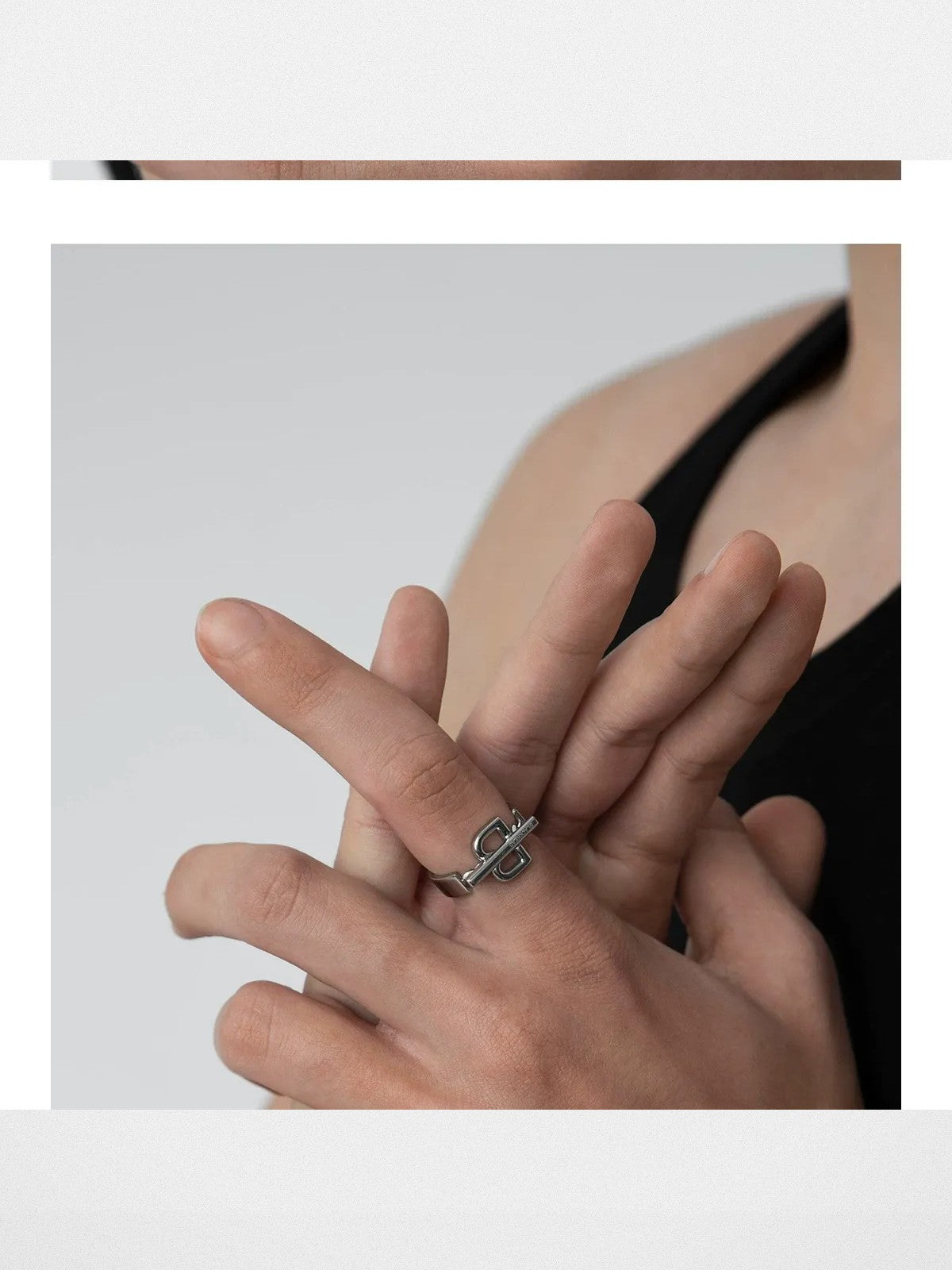 BLACKHEAD Structural Letter B Ring in Gray - On Female Model