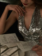 1S STUDIO Silver Sequin Cowl Neck Halter Dress in Silver - On Female Model