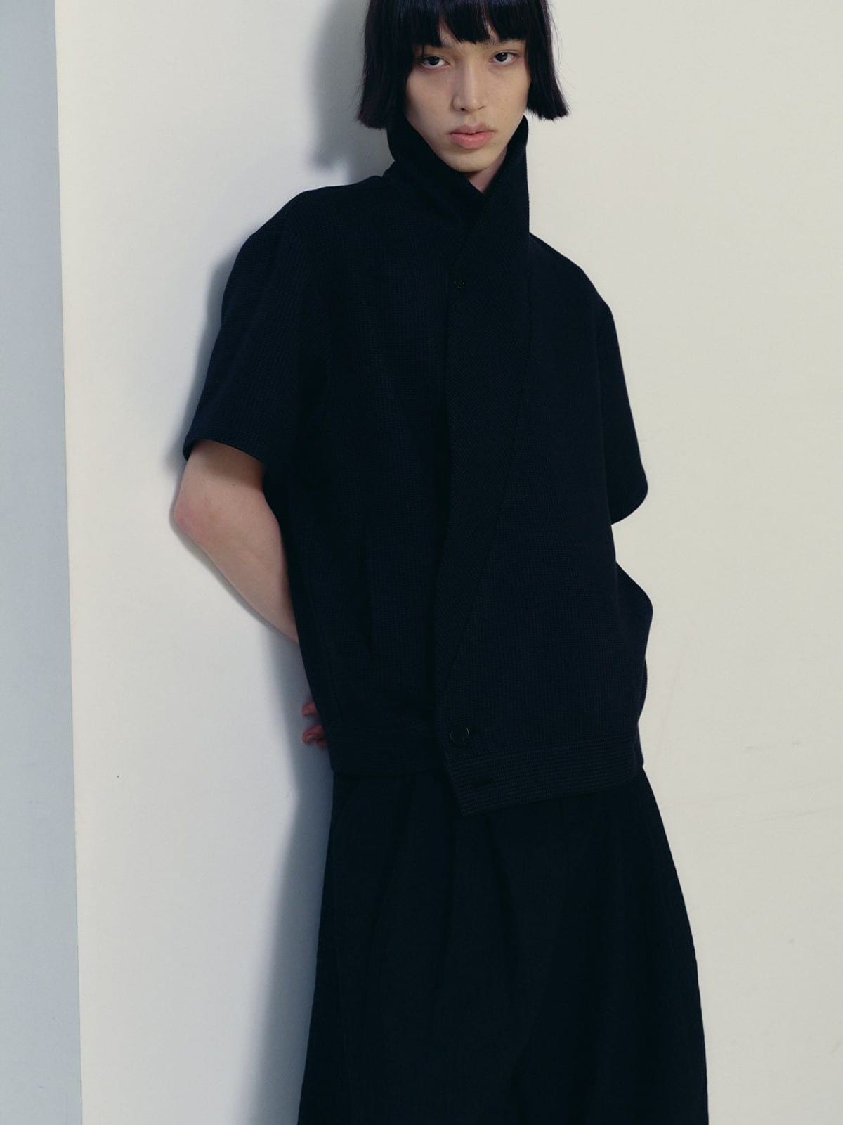 JCAESAR STUDIO Jacquard Shawl Collar Short Sleeve Shirt in Black - On Male Model
