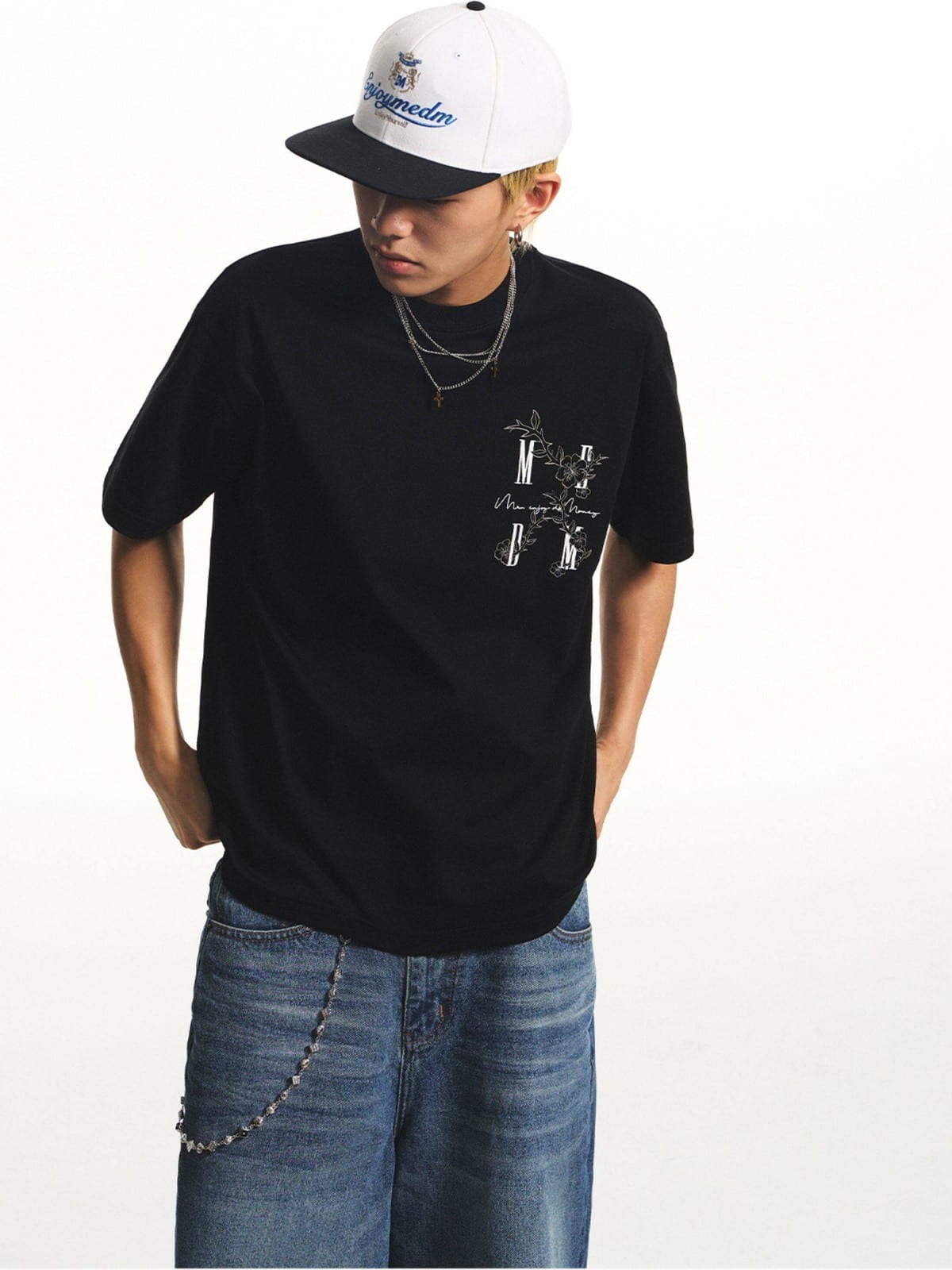 MEDM Floral Graphic Cotton Sorona T Shirt in Black - On Male Model