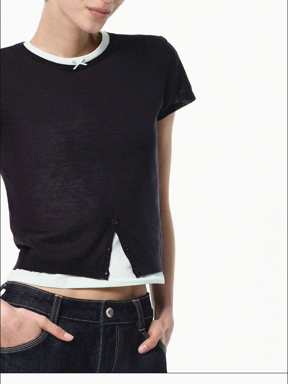 RARELY ALIKE Half Placket Silk Wool Knit Top in Navy Blue - On Female Model