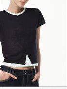 RARELY ALIKE Half Placket Silk Wool Knit Top in Navy Blue - On Female Model