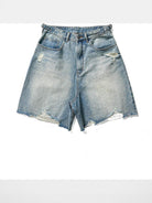 MASONPRINCE Light Wash Raw Hem Denim Shorts in Blue