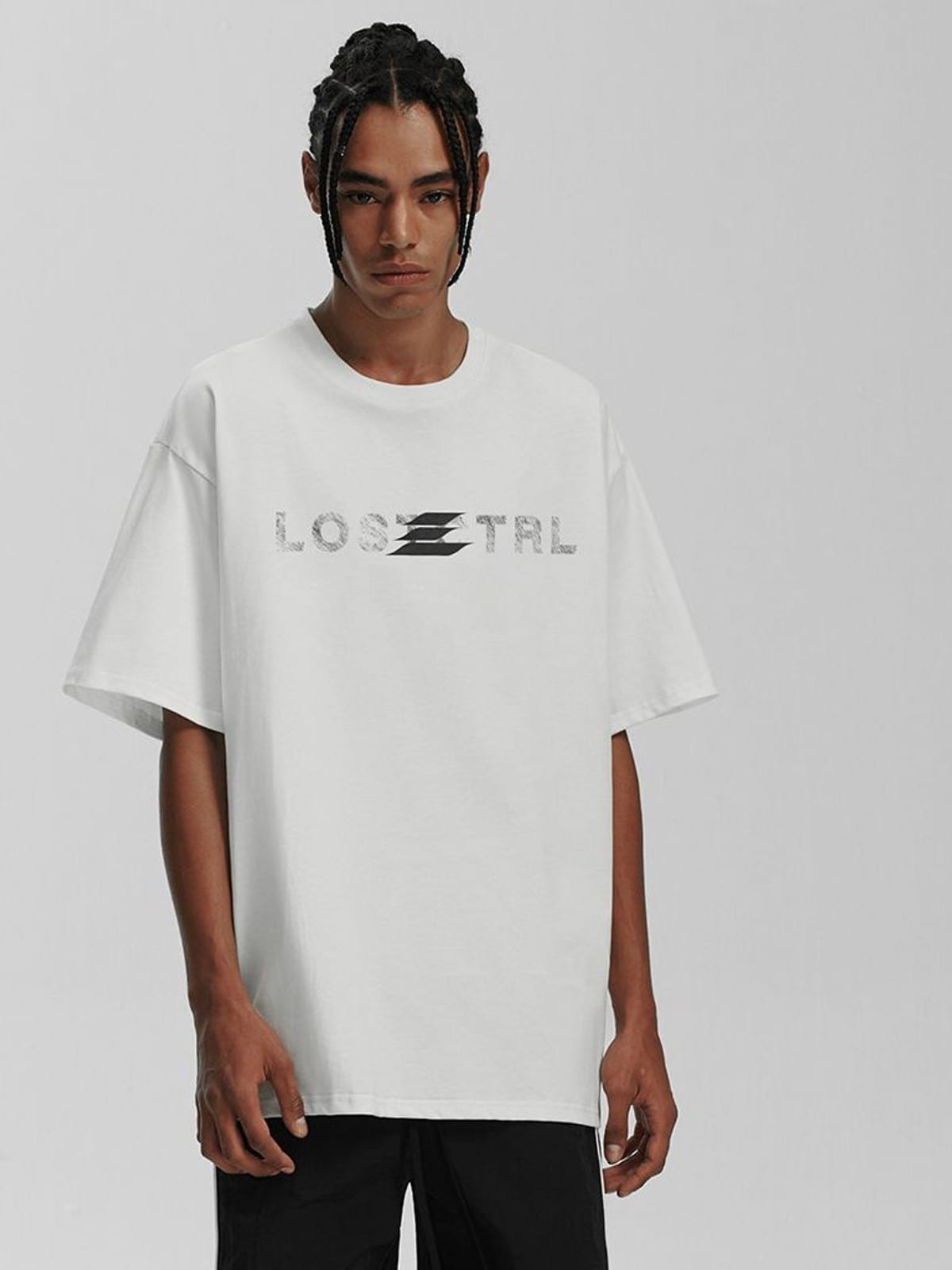 LOSTCTRL Distressed Logo Print Cotton T Shirt in White - On Male Model