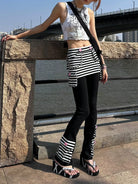 CFIERCE Striped Skirted Flare Trousers in Black - On Female Model