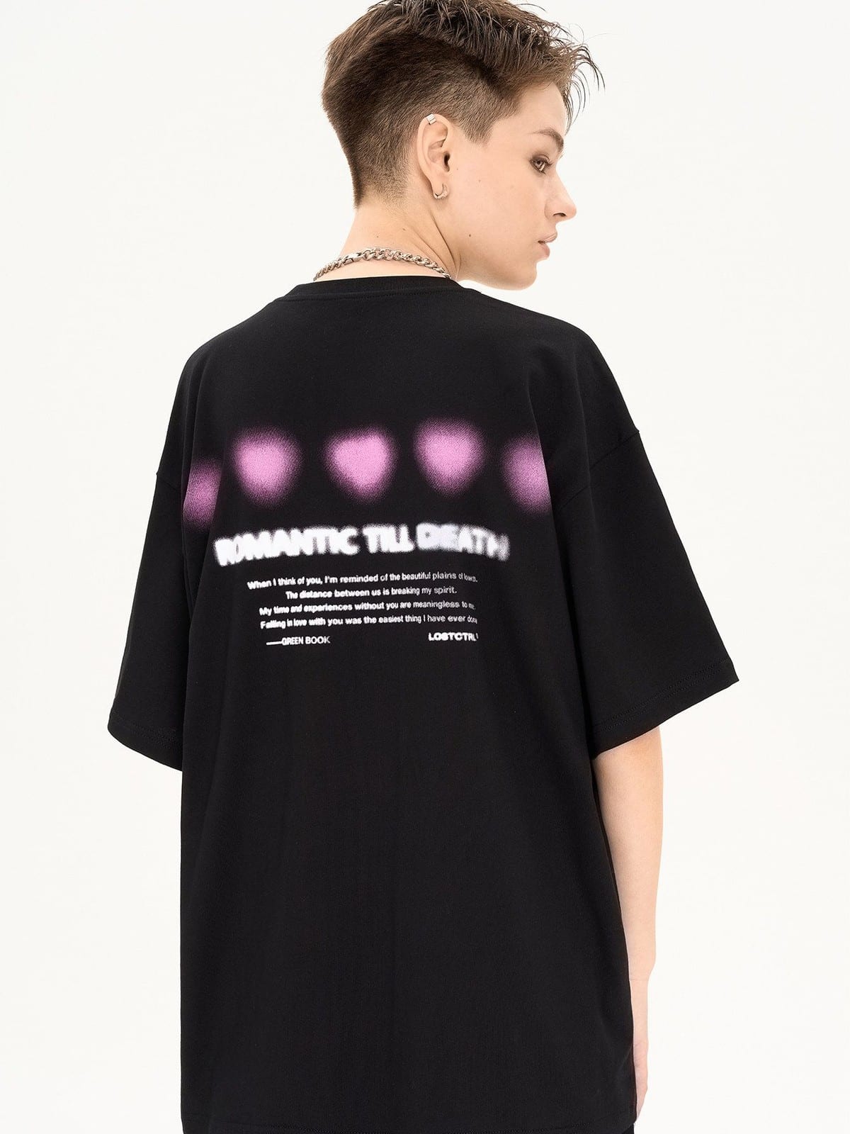 LOSTCTRL Blurred Heart Graphic Cotton T Shirt in Black - On Model