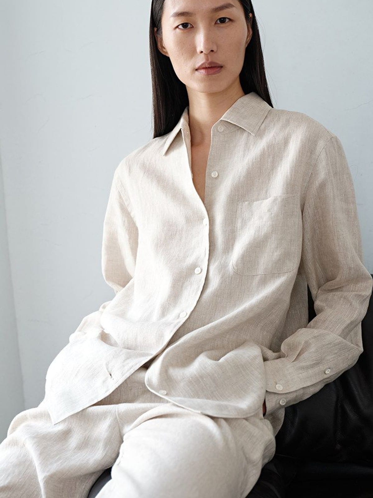 MSBEAST Linen Button Up Shirt Shorts Set in Beige - On Female Model