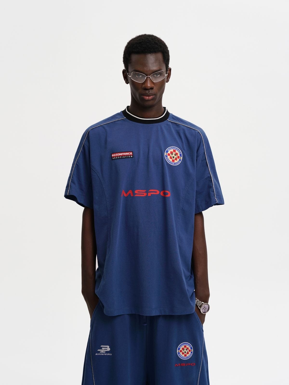 MASONPRINCE Reconstructed Applique T Shirt in Navy Blue - On Male Model