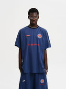 MASONPRINCE Reconstructed Applique T Shirt in Navy Blue - On Male Model