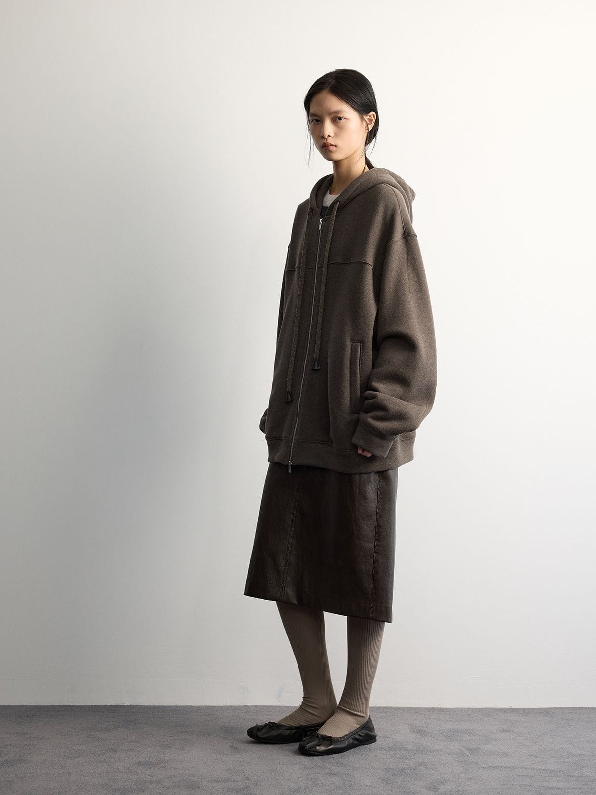 Random Piece Wool Blend Fleece Lined Zip Hoodie in Brown - On Female Model