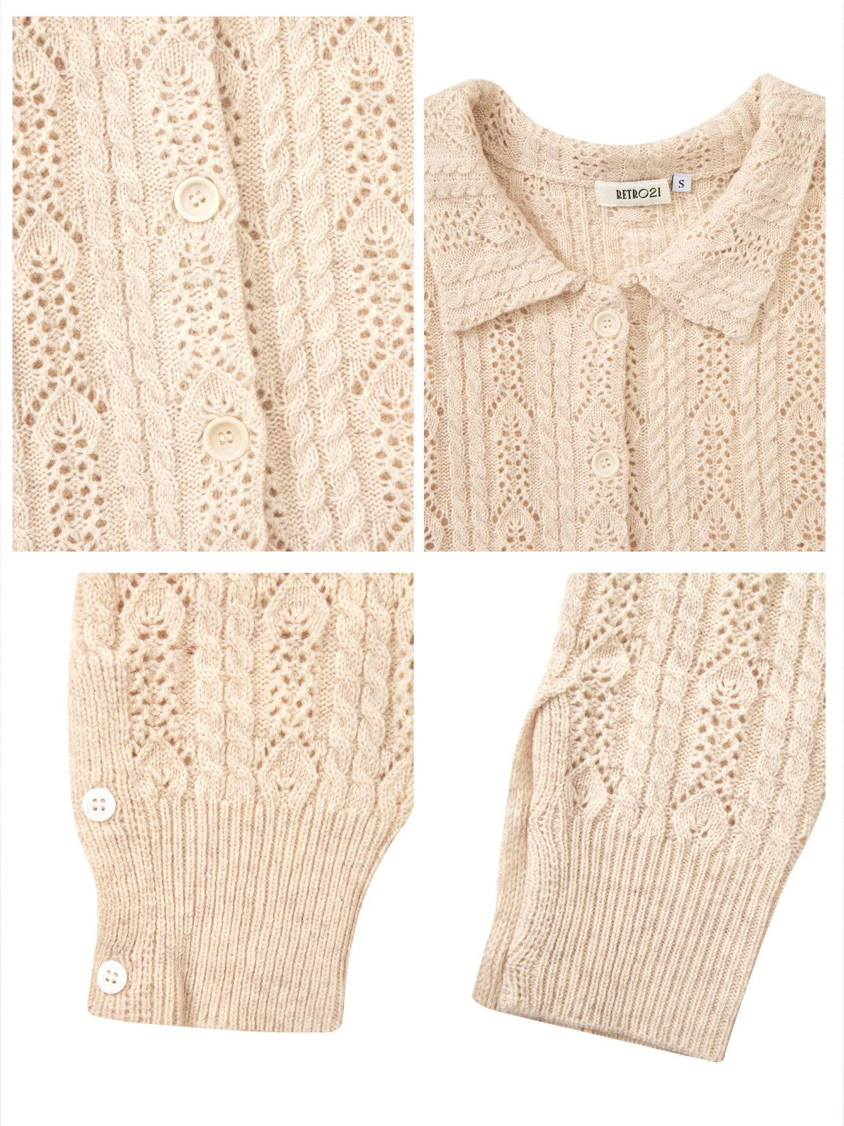 Retro 21 Openwork Wool Knit Cardigan Shirt in Apricot - Detail
