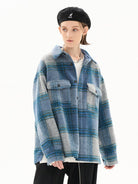 LOSTCTRL Embroidered Brushed Plaid Jacket in Blue - On Female Model