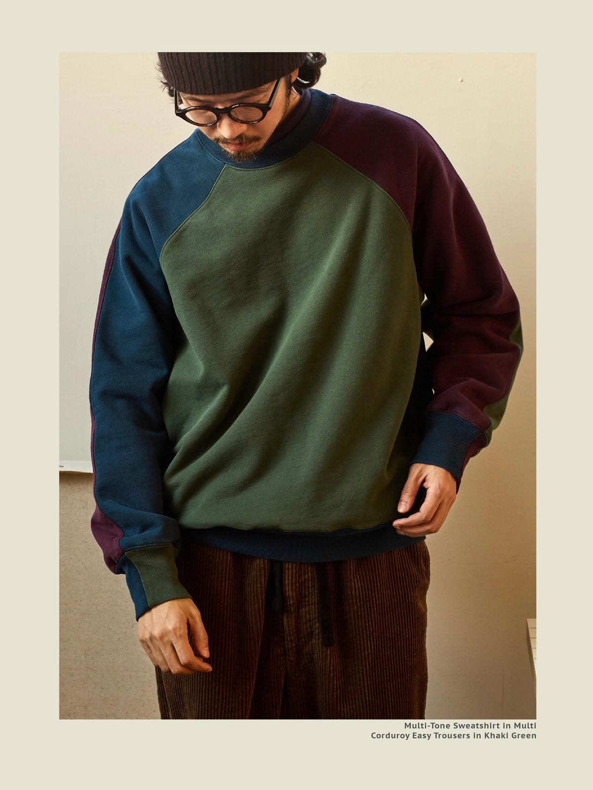 USAGE Colorblock Raglan Cotton Sweatshirt in Green - On Male Model