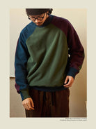 USAGE Colorblock Raglan Cotton Sweatshirt in Green - On Male Model
