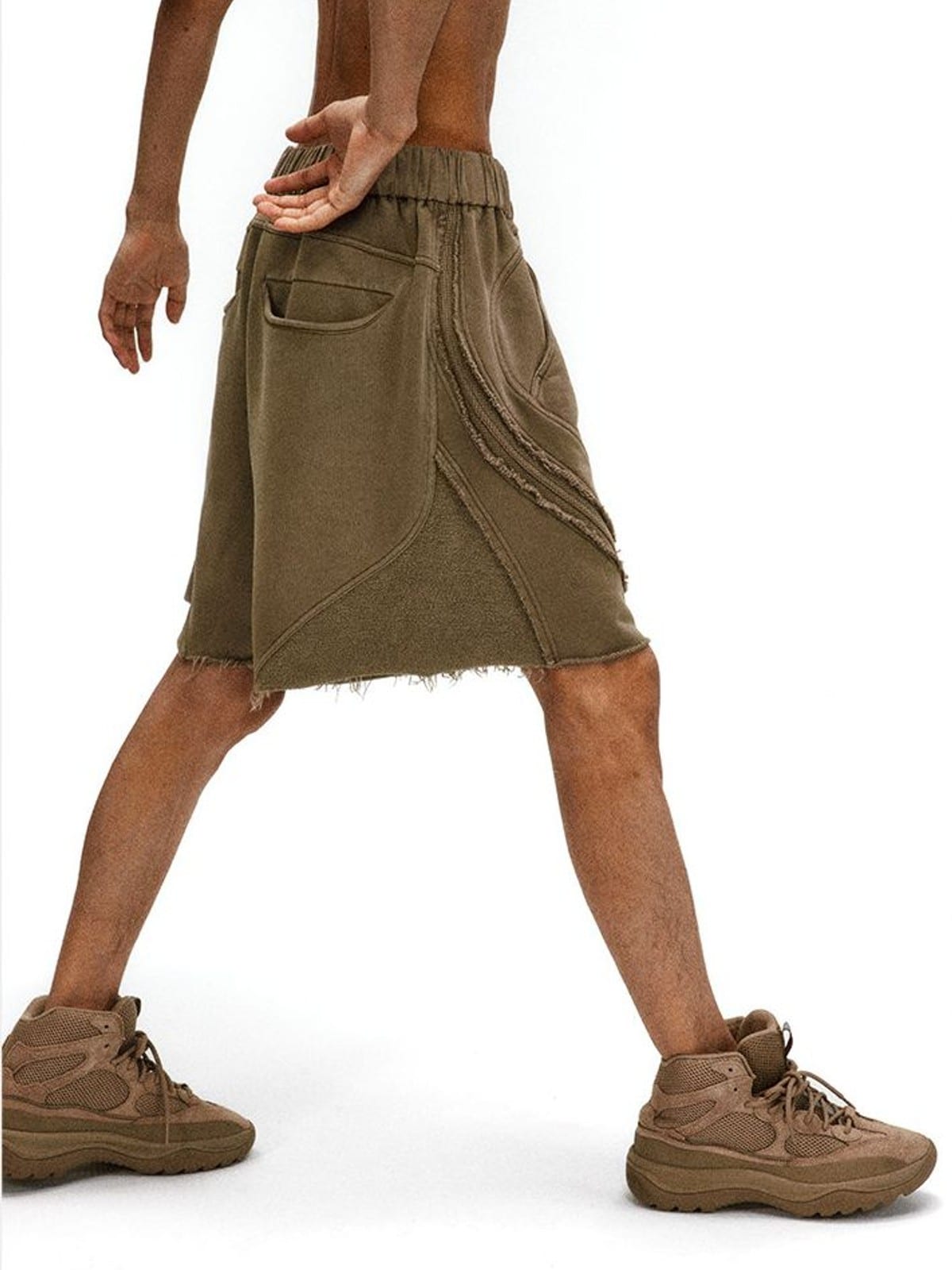 D5ove Raw Edge Structured Cotton Shorts in Olive - On Male Model
