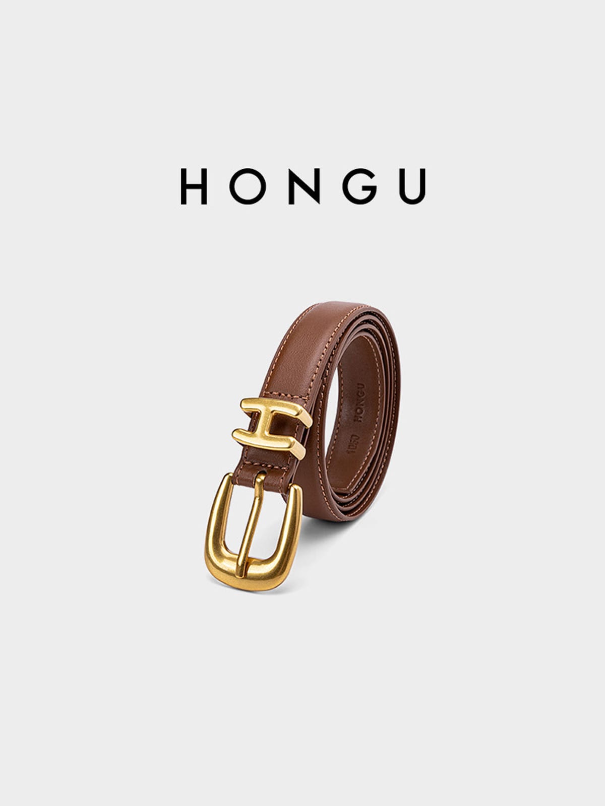 HONGU Slim Leather Pin Buckle Belt in Brown