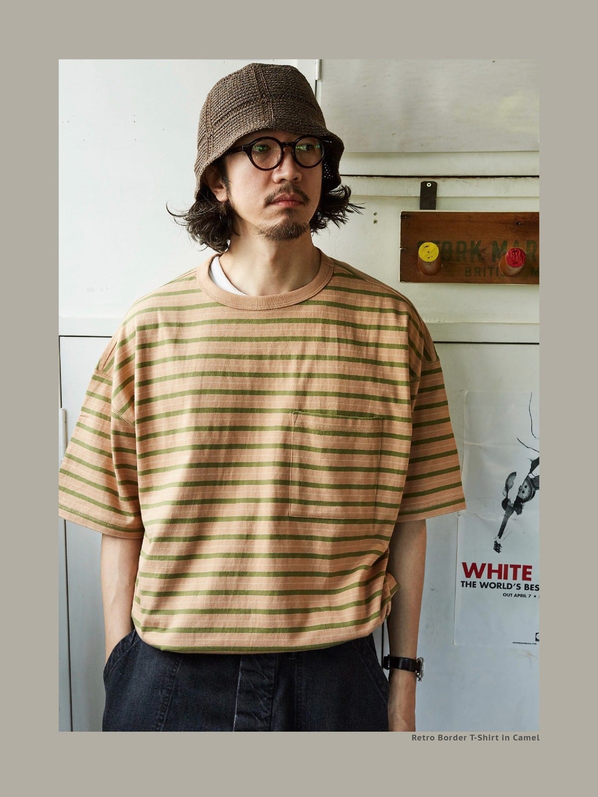 USAGE Retro Striped Cotton T Shirt in Pink - On Male Model