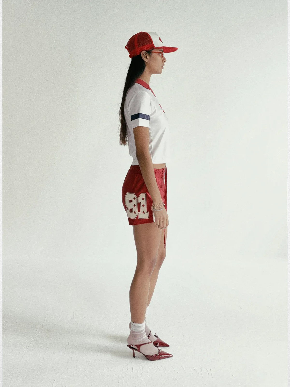 BADSEED Cropped Graphic Baseball Jersey in White - On Female Model
