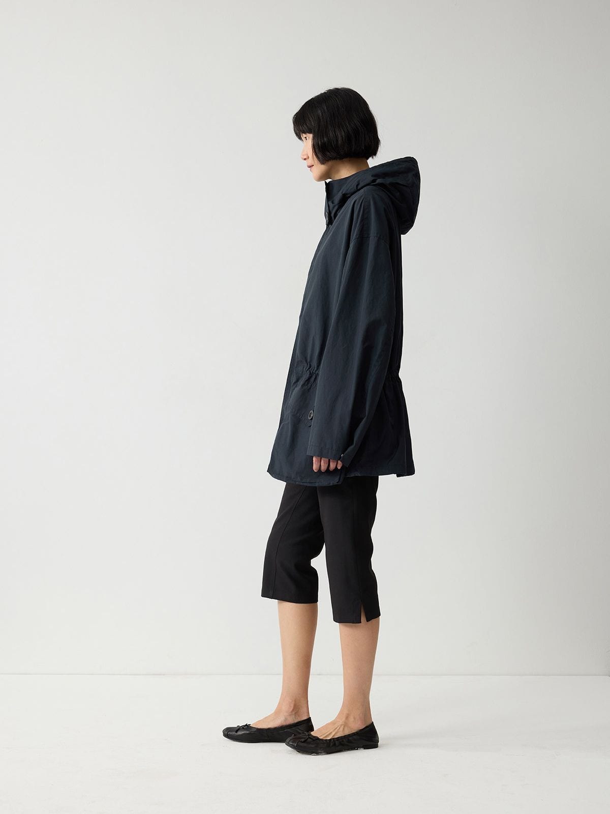 Random Piece Cotton Blend Drawstring Cargo Jacket in Navy Blue - On Female Model