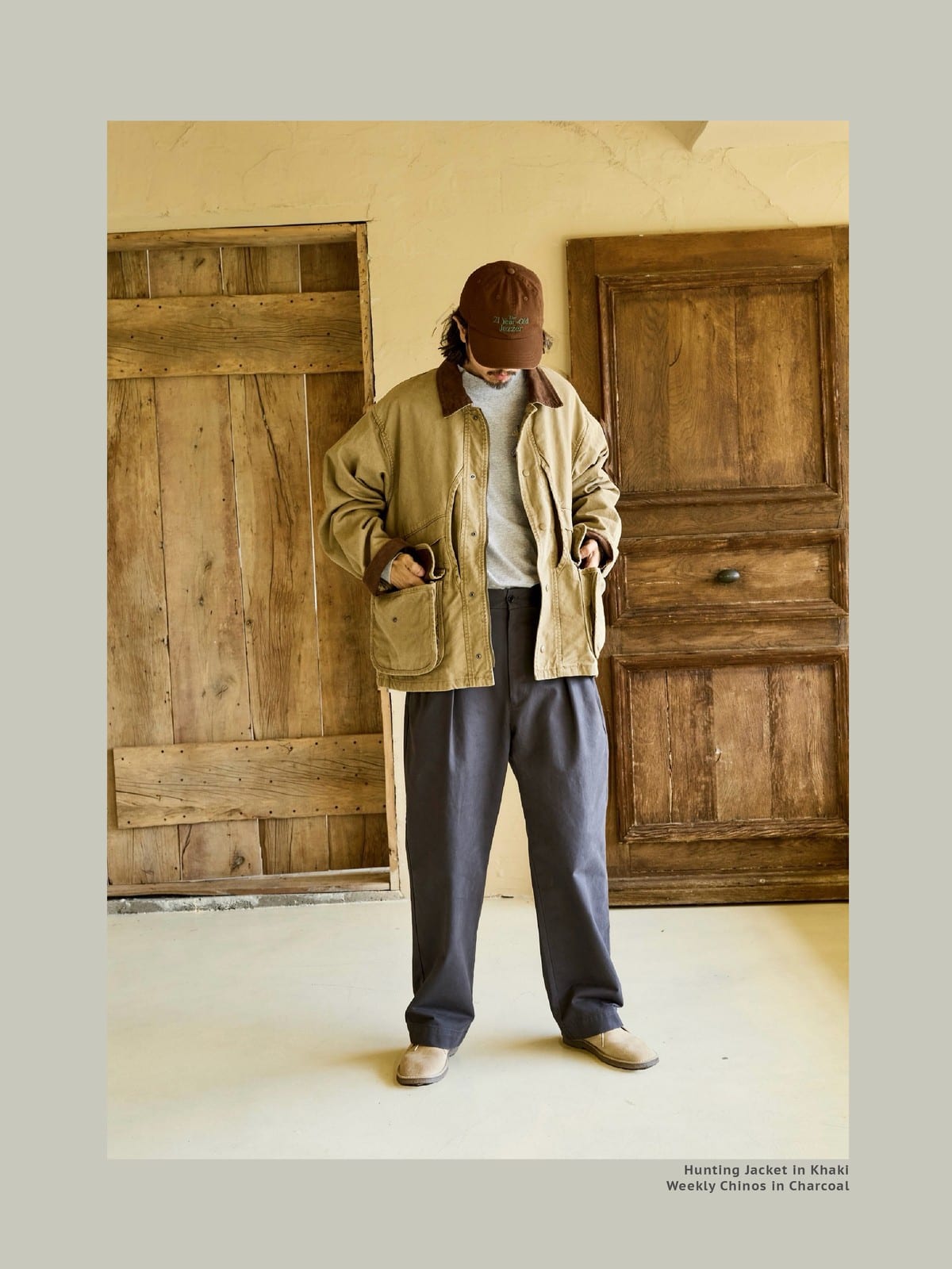 USAGE Heavyweight Cotton Canvas Barn Jacket in Beige - On Male Model