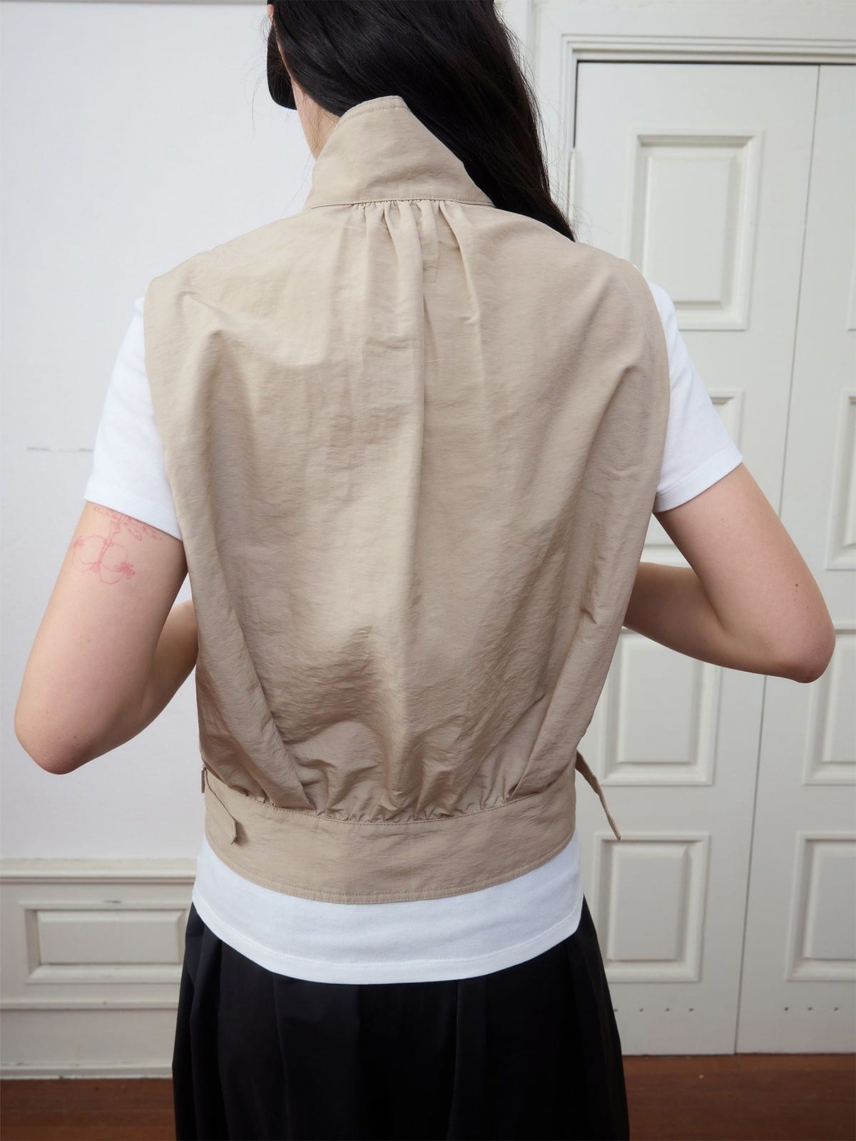 Random Piece Stand Collar Linen Blend Vest in Khaki - On Model